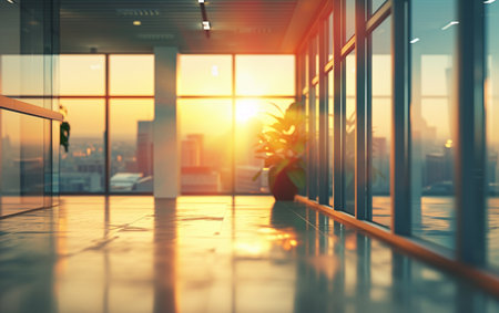 Empty corridor in modern office building with bright sunlight. 3d renderingの素材