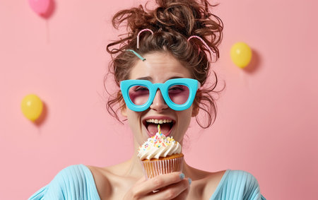 Funny young woman in sunglasses holding cupcake and looking at camera isolated over pink backgroundの素材