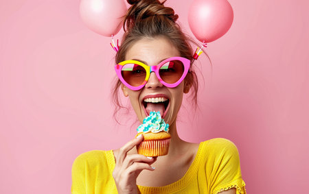 Funny young woman in sunglasses with cupcake and balloons on pink backgroundの素材