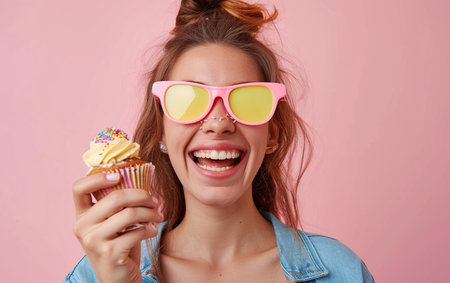 Closeup portrait of a happy young woman in sunglasses holding cupcake with cream on pink backgroundの素材