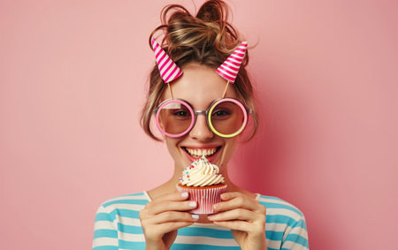 Image of happy young woman in sunglasses and party hat holding cupcake isolated over pink backgroundの素材