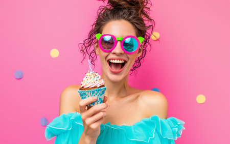 Portrait of a happy young woman with cupcake over pink backgroundの素材