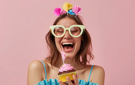 Close-up portrait of happy young woman in eyeglasses holding cupcake with whipped cream and closed eyes, isolated over pink backgroundの素材
