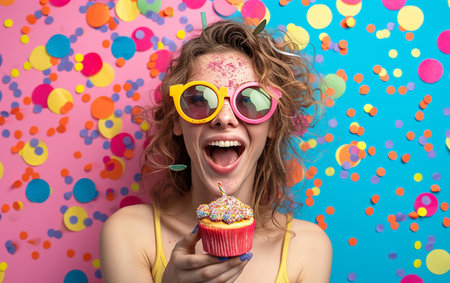 Funny young woman with cupcake and confetti on color backgroundの素材