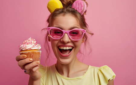 Cheerful girl in pink sunglasses with cupcake on pink backgroundの素材