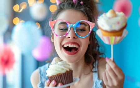 Beautiful young woman with cupcake on color background, closeupの素材