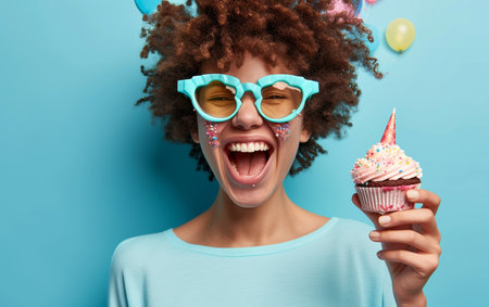 Funny young african american woman with curly hairstyle and glasses holding cupcakeの素材