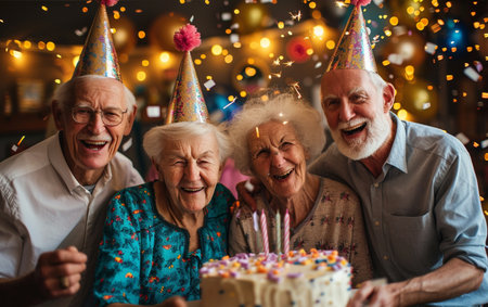 Group of seniors celebrating birthday and blowing out candles on cake at homeの素材
