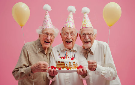 Portrait of happy senior couple with birthday cake and balloons on pink backgroundの素材