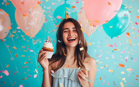 Happy young woman with birthday cupcake and confetti on blue backgroundの素材