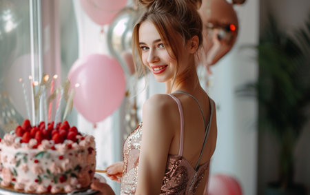Beautiful girl with a cake in her hands on the background of balloonsの素材