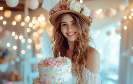 Beautiful girl with a cake in a hat on the background of bokehの素材
