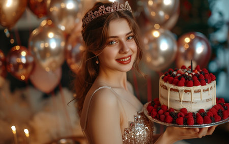 Beautiful young woman in a crown with a cake in her hands on a background of balloons.の素材