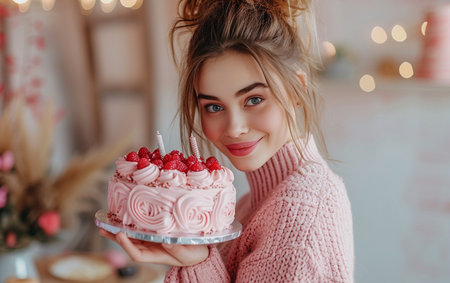 Beautiful young woman in pink sweater with birthday cake in her hands.の素材