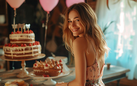 Beautiful young woman with cake in her hands at the birthday partyの素材