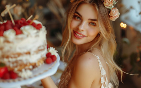 Portrait of a beautiful young woman with a cake in her hands.の素材
