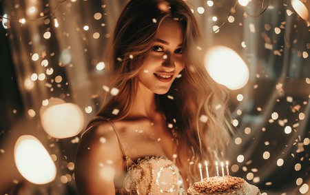 Beautiful young woman with birthday cake in the room with lights.の素材