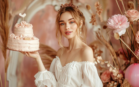 Beautiful young woman with a cake in her hands in a room decorated with flowersの素材