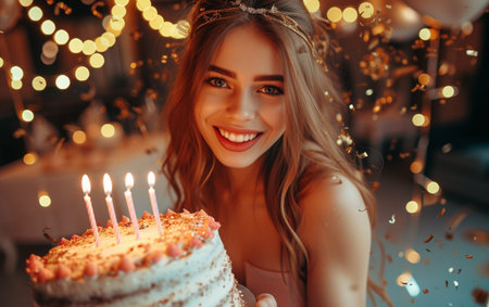 Beautiful young woman with a birthday cake in her hands. Girl with a cake.の素材