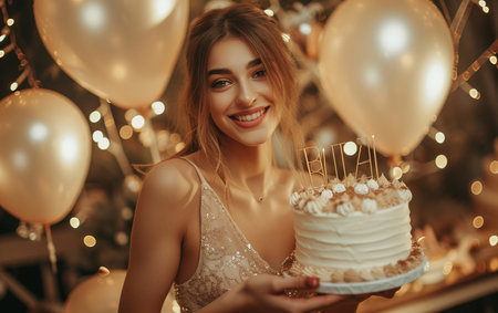 Young beautiful girl in a white dress with a cake in her hands.の素材