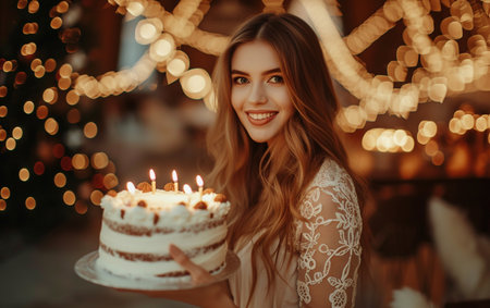 Beautiful young woman holding a birthday cake with candles in the eveningの素材