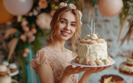 Beautiful young woman with cake in her hands on the background of the decorated interiorの素材
