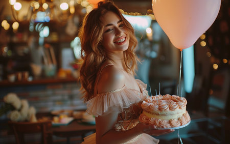 Young beautiful woman with a birthday cake in her hands on the background of the bar.の素材