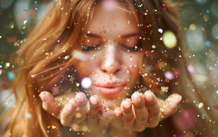Close up portrait of beautiful young woman blowing confetti in the airの素材