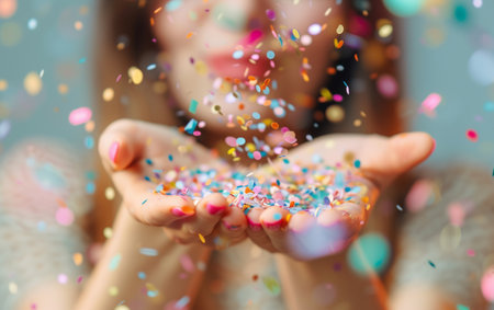 Close up of woman hands with confetti. Blurred background.の素材