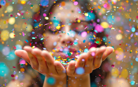 Close up of young woman holding colorful confetti in her hands.の素材
