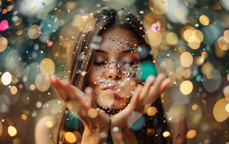 Beautiful young woman blowing colorful confetti in the air outdoors.の素材
