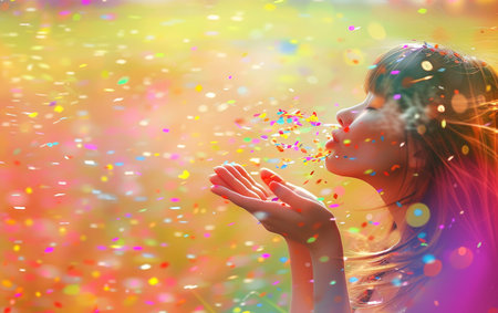 Young beautiful woman blowing confetti on the background of the summer fieldの素材