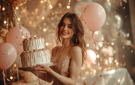 Beautiful girl with cake and balloons on the background of festive decorations.の素材
