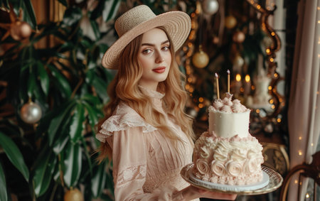 Beautiful girl in a hat with a cake in her hands.の素材