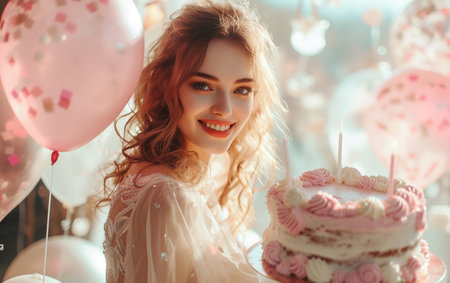 Beautiful young woman with birthday cake and balloons on light background.の素材