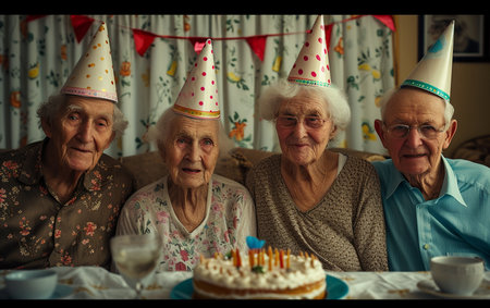 Elderly people celebrating birthday with cake and candles at home.の素材