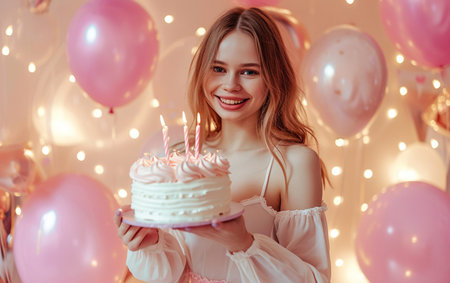 Beautiful young woman with a birthday cake in her hands on a pink background.の素材