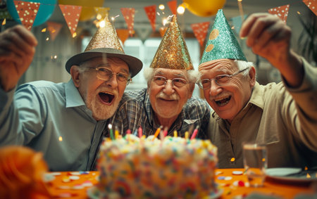 Group of seniors celebrating birthday and blowing out confetti on a cakeの素材