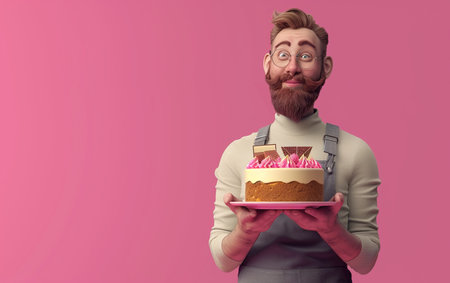 Funny bearded man holding a birthday cake on a pink background.の素材