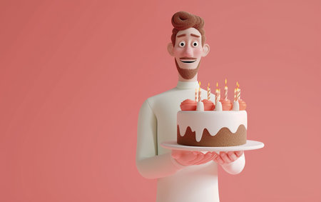 Happy man holding birthday cake with candles on pink background. 3d illustrationの素材