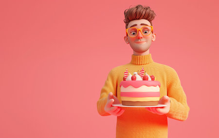 Cute young man with birthday cake on pink background, copy spaceの素材