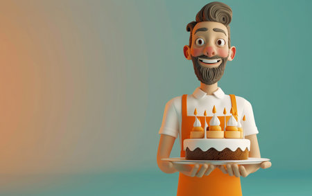 3d illustration of a cartoon character with a cake in his handの素材