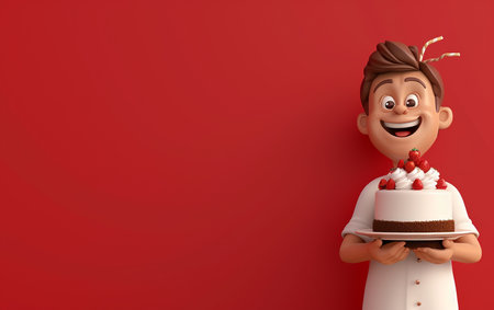 3D illustration of a cartoon character chef holding a cake with creamの素材