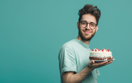 Happy young man with birthday cake on blue background. Copy space.の素材
