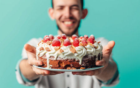 Cheerful man holding a cake with raspberries and whipped creamの素材
