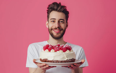 Cheerful young man holding a cake with cream and raspberriesの素材