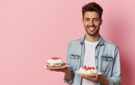 cheerful young man holding two cakes with strawberries on pink backgroundの素材