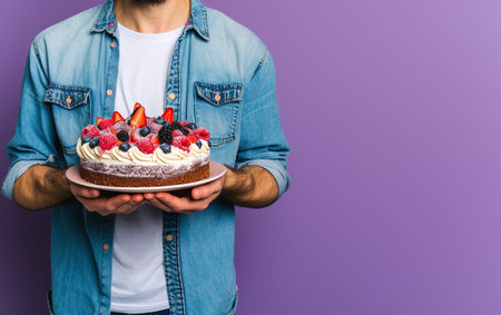 cropped view of man in denim shirt holding delicious birthday cake with berries isolated on violetの素材