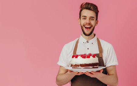 Cheerful young man in apron holding cake on pink backgroundの素材