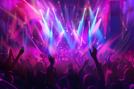 Concert crowd in front of a bright stage with colorful lights.の素材